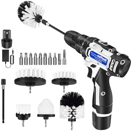 Bürstenaufsatz Bohrmaschine Set, 8 Stück Bürstenaufsatz, Akkuschrauber Bohrbürste, Reinigungsbürste Felgenbürste Scrubber Reinigung Kit für Küche, Auto, Bad, Keramikfliesen, Grill（Weiß）