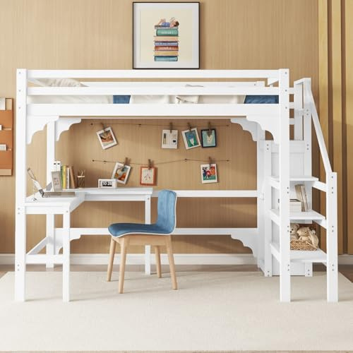 Hochbett mit Schreibtisch, 140 x 200 cm, Dachboden mit offenem Schrank und Korpusschutz, Kiefer + MDF, Weiß