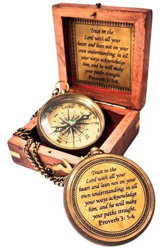 Trust in The Lord - Proverbs 3: 5-6 Engraved Compass, Wood Box Greeting, Inspirational Gift Men, Christian Boys Baptism Gifts, Graduation Day (#1 Lord's Compass)