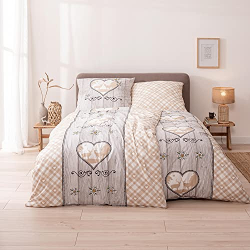 MTOnlinehandel Landhaus-Stil Bettwäsche 135x200 + 80x80 cm · 4teilig, Karo Hirsch Herz Holzoptik · 100% Baumwolle · Vintage Partner Bettwäsche-Set Geschenk TRAUMHELDEN