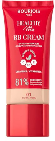 Bourjois Healthy Mix, 01 Ivory, BB Cream, Copertura e idratazione per tutto il giorno, Vitamina C, E e B5, Formula vegana e clean, 30 ml