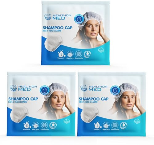 HEALTHONMED Shampoo Cap Rinse Free for Camping, Travel & Patients – Aloe Vera Disposable Hair Washing Cap, No Water Needed, Suitable for All Hair Types (Pack of 3)