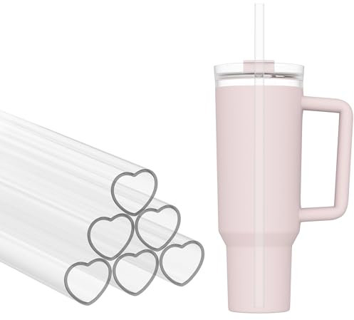 6 Pack Replacement Plastic Straws with 2 Cleaning Brushes, Reusable Long Thick Transparent Straw for Stanley 30oz/40oz Tumblers Water Bottles Cup, Easy to Clean, Food Grade & BPA Free (Heart Shaped)