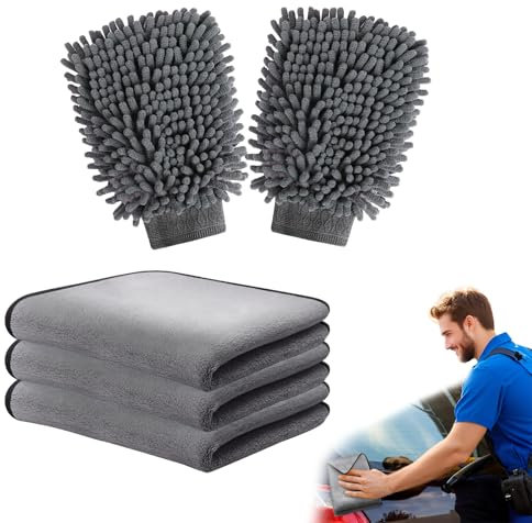 Kit de lavage de voiture – 5 pièces en microfibre avec 3 chiffons de séchage ultra doux (600 g/m²) et 2 gants de lavage, gants chenille double face pour entretien automobile, lavage, polissage et