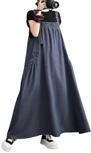 Langes ärmelloses, verstellbares Denim-Kleid mit Schulterriemen für Damen mit Taschen und lässigem Denim-Pullover mit weitem Rand (DE/NL/SE/PL, Alphanumerisch, 3XL, Regular, Regular, Dunkelblau)