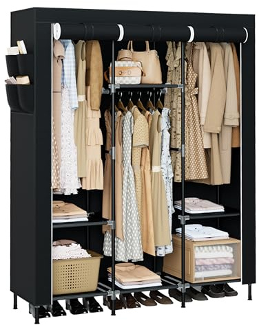 CASAMAYA Portable Closet, 51.2 Inch Large Capacity Wardrobe Closet with Cover, Clothes Storage Organizer with Shelves and 3 Hanging Rods, Easy to Assembly, Black PCT203B01