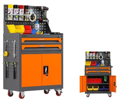 Cassetta degli attrezzi Cassetta portautensili con ruote ad alta capacità a 2 cassetti, cassetta portautensili rimovibile con ruote e serratura for officine meccaniche Cassetta degli attrezzi(Orange)
