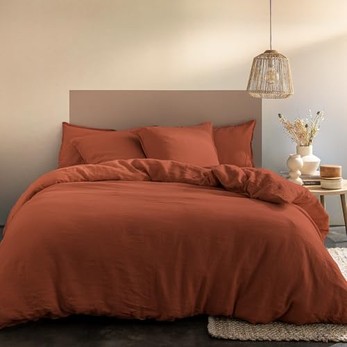 MATT & ROSE Parure de lit Passion Lin Unie 100% Lin lavé | Sienne | Housse de couette 260x240 cm + 2 taies d'oreiller 65x65 cm | Taies à volant | Fermeture boutons | Oeko-Tex