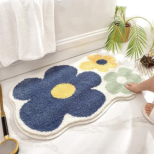 Loismood Florale Badematte, super saugfähig, rutschfest, maschinenwaschbar, gemütlicher Teppich für Dusche, Wohnzimmer und Balkon, 80 x 50 cm, Blaue Blumen