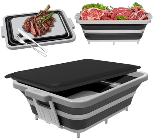 ANJUKE Zusammenklappbare Grillwanne mit Deckel (8L) – Falbbares Camping-Spülbecken mit Siebeinsatz | 4-in-1: Schneidebrett, Marinierbehälter, Aufbewahrungsbox & ServierTablett | Ideal für Picknick