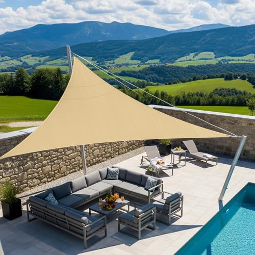 HENG FENG Vela Ombreggiante Triangolare 4x4x4m, Tenda da Sole Esterno Impermeabile in Tessuto Oxford con Protezione UV 95%, per Giardino Terrazza Piscina, Sabbia