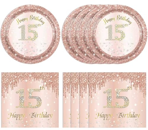 15th Birthday Decorations for Girls,15th Birthday Plates and Napkins,Rose Gold 15 Year Old Birthday Tableware 15 Party Table Decorations Supplies,Disposable 7'' Paper Plates, Napkins for Teen Party