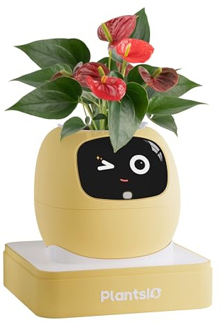 Intelligenter Pflanzroboter mit Emojis zur Pflanzenpflege, Bezaubernder Pflanzenbegleiter mit umfassender Gesteninteraktion, Gartentopf als Geschenk für den Schreibtisch(Lemonengelb)
