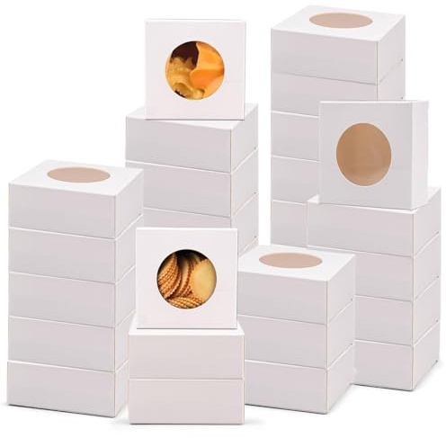 Lot de 100 Boîtes à Biscuits Blanches avec Fenêtre, 7,5 x 7,5 x 3 cm – Boîtes à Gâteau Transparentes en Carton, Boîtes d'Emballages Cadeaux en Kraft pour Bonbons, Mariage, Anniversaire et Pâtisserie