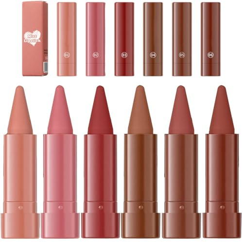 NiceNaiils 6 Colores de Lápiz Labial Mate, Perfilador y Pintalabios Permanente en un Solo Paso, Barra de Labios Giratoria Resistente al Agua, Kit de Maquillaje de Labios Nude y Rojos, Portátil