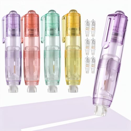 Yoosso Correction Tape Pen Set, 4 Pens + 6 Refills, 6m x 6mm, White | Retractable refillable pens, instant dry tape, smooth precise cover, transparent case, for school and office