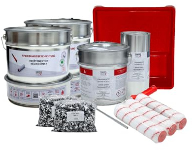 Baumax 2K Epoxidharz Set für bis zu 25 m² mit Top Coat Versiegelung | RAL 7012 – Basaltgrau, 12,7 KG | Epoxidharzboden für Garage, Keller | Rutschfest, Chemikalienbeständig | SwissTech