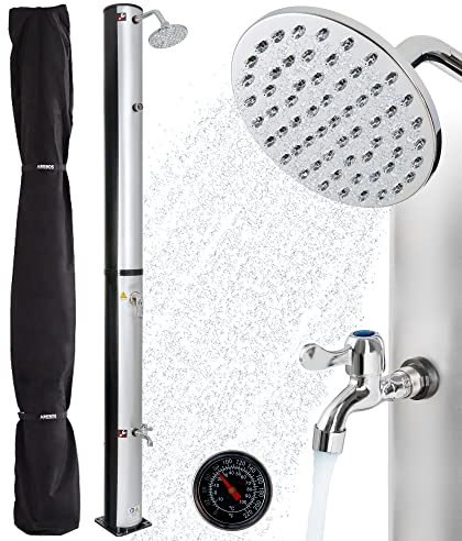 Arebos Solardusche | 37 Liter | 199 cm | inklusive Abdeckhaube | mit integriertem Thermometer | Silber-Schwarz | runder Duschkopf | mit Fußdusche | mit Gartenschlauch-Anschluss | inkl. Montagematerial