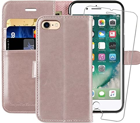 MONASAY iPhone 7/8/SE 2020/2022 Wallet Case, Flip Folio Leather Cover with RFID Blocking Rose Gold