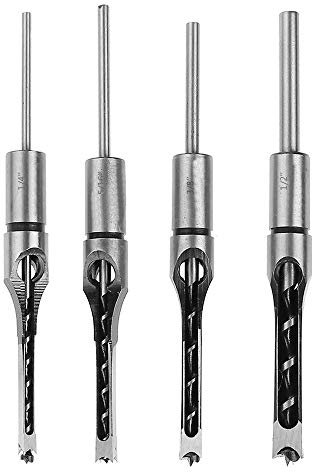 DingGreat 4 tlg Vierkant Stemmbohrer, Vierkantbohrer, Bohrer für quadratische Löcher, Holz-Vierkant-Bohrer Holz-Lochsäge mit Spiralbohrer (1/4, 5/16, 3/8, 1/2)