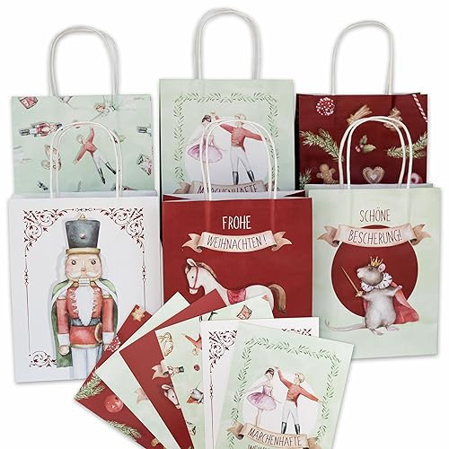 Papierdrachen 6 bunt bedruckte Geschenktüten zu Weihnachten - Nussknacker - 22x18x8cm - inkl. Weihnachtskarten - Henkeltüten Set 6