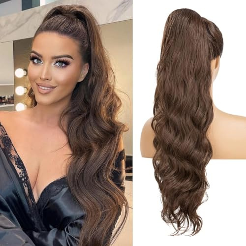 YEESHEDO Pferdeschwanz Haarteil Clip Extensions mit Kordelzug Lang Wellig Haarverlängerunge Natürliche Perücke Afro Lockige Ponytail fuer Zopf (Braun)