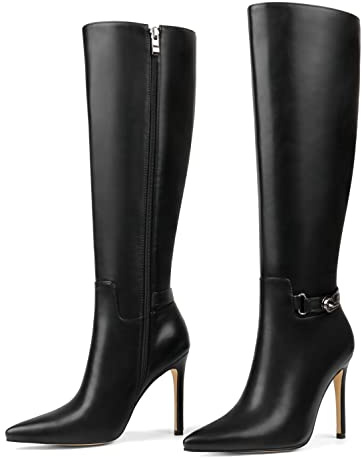 COLETER Women's Knee High Boots Pointed Toe Stiletto Buckle Dress Boots Zipper Heeled Boots Matte Black 8US