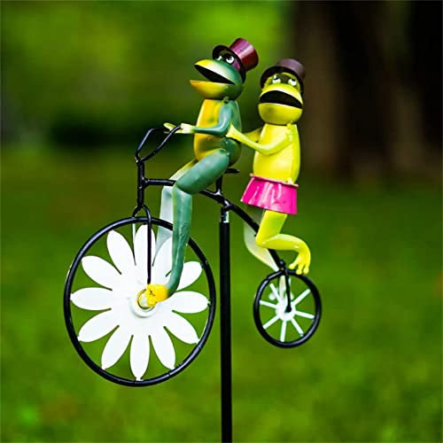 Moulins à vent en métal pour yards et jardins, moulins à vent décoratifs de grenouille, décoration de grenouilles de jardin, avec vélos vintage debout, jardin décoratif de grenouille à pôle Pinwheel