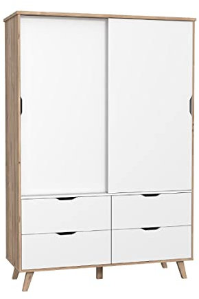 Meubletmoi Armoire 2 Portes coulissantes 1 penderie 4 tiroirs décor chêne Naturel et Blanc Mat Pieds Bois Massif inclinés - ALBANE