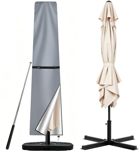 Teynewer Parasol Cover Waterproof, Garden Cantilever Umbrella Cover, Grey | 210D Oxford Fabric, Telescopic Rod and Zipper Fit for 2 to 3 m Banana Patio Umbrella, Windproof, Anti-UV, 190x30/50cm