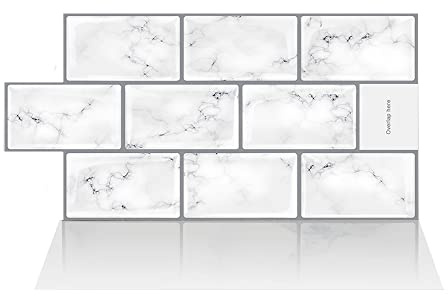 Alwayspon 3D-Vinyl-Wandfliesenaufkleber, selbstklebend, wasserdicht, Spritzschutz für Küche, Badezimmer, Wand, 30,5 x 15,3 cm, Marmorweiß, 10 Bögen