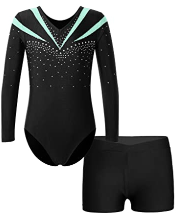 Aiihoo Mädchen Turnanzug Langarm Glänzende Tanzbody mit Strass und Shorts Tanzbody Trikotbody Tanzkleidung Tanz Gymnastik Trikots Tanzkostüm
