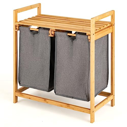GOPLUS Wäschekorb 2 Fächer, Bambus Wäschesammler mit Ablage, Wäschebox Wäschesack Wäschesortierer ausziehbar und abnehmbar, 64 x 33 x 73 cm (Grau)