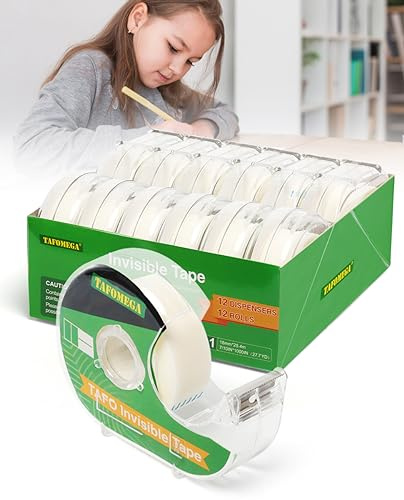Tafomega Invisible Clear Tape Bulk Rolls,12 Packs Gift Wrapping Tape for School Office Craft Job with Dispenser Frosted Writable-7/10 X 1000 Inches
