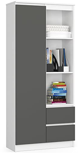 AKORD Büro-Bücherregal CLP 80 cm 7 Regale 2 Schubladen und Türen | für Dokumente Bücher für einen Schlafzimmerschrank Bücherregale Laminierte Platte 16 mm | Weiß & Graphitgrau Front