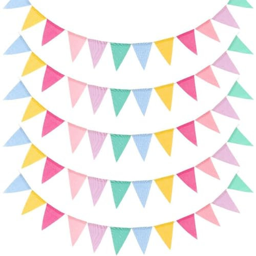 Wisafory Wimpelkette 5 Stück 4M Lang Wimpelgirlande Leinen Wimpel Banner Outdoor Hängende Dekor Wimpel Girlande Bunt Jute Dreieck Flaggen für Hochzeit Party Garten(12Pcs Wimpel/Jede)