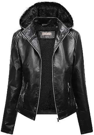 GULASISI Fuzzy Fleece Lined Leather Jacket for Women Faux Shearling Plush Thermal Bomber Jacket Winter Hooded Padded Warm Coat/UK Size/Ladies Winter Clothes Black