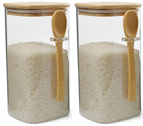 maxxo Lot de 2 bocaux en verre de 1200 ml avec couvercle en bambou, cuillère en bambou, hermétique, conservation des aliments, farine, pâtes