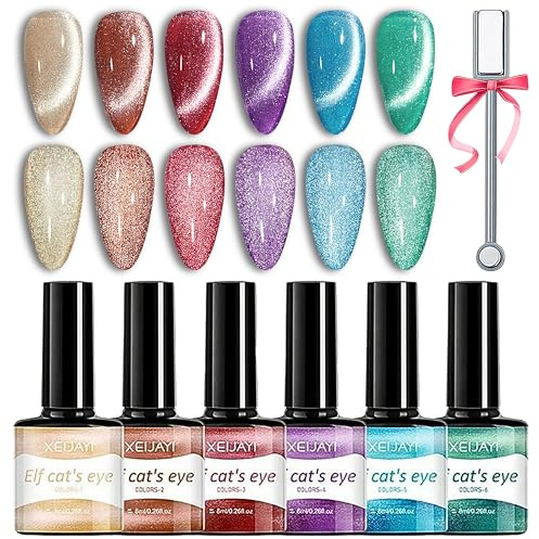 UV Nagellack Set - 6 Farben Cat Eye Magnetismus Gel - Chamäleon Bunt Lebendig Soak Off UV/LED Polish - Nagelkunst DIY Mit Magnet für Nail Art (Bunt Elfen, 6x)
