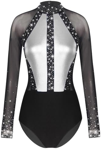 iEFiEL Turnanzug Damen Langarm Gymnastikbody Mit Strass Patchwork Metallic Tanzbody Ballett Trikotanzug Leotards Wettbewerb Dunkelgrau S
