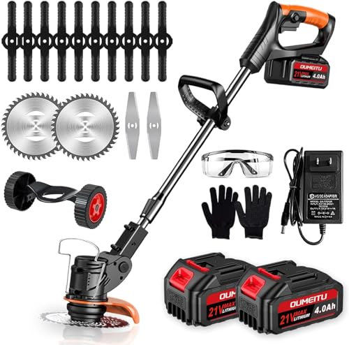 CUSTOMCREAT Decespugliatore Elettrico Senza Fili, Decespugliatore A Batteria Elettrica 24 V, Taglierina Senza Fili con 3 Lame Manico Telescopico per Giardino, with 2 Battery