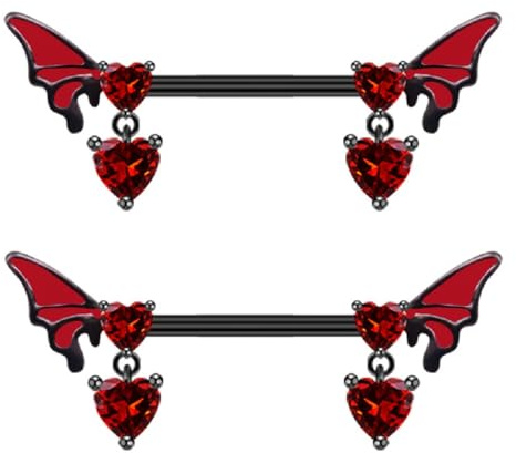 IMINI 14G Punk Fledermaus Nippelringe Edelstahl baumeln Herz roter Kristall Zungenring Nipplerings Nippelpiercing Piercing Körperschmuck Langhantel für Frauen Mädchen