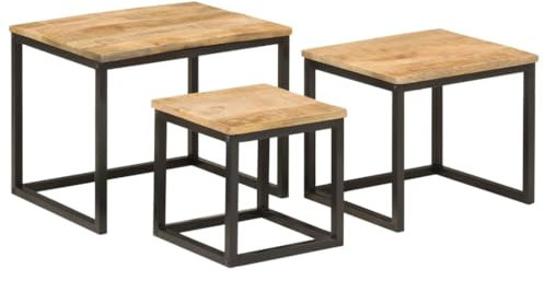 ULUYYUC Coffee Table Tisch Wohnzimmer Wohnzimmertisch Couchtisch Klein - Satztische 3 STK. Massivholz Mango und Eisen für Wohnbereich Balkon Garten Schlafzimmer