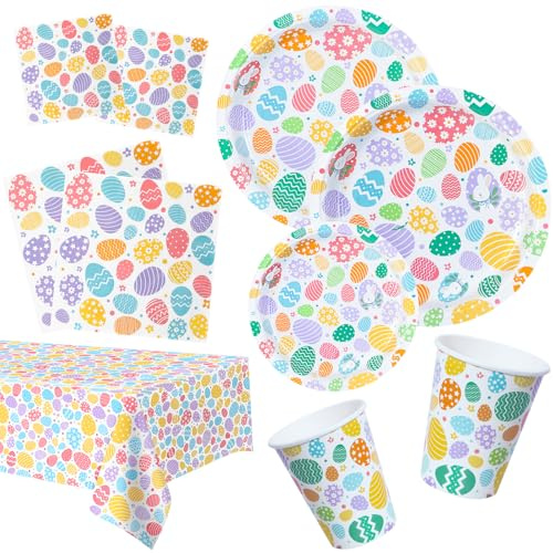 BFB Assiettes en carton de Pâques Lot de 81 Œuf de Pâques Serviettes e Gobelets en papier Nappe jetables Vaisselle de fête