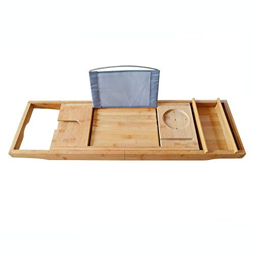 Plateau de baignoire en bambou extensible pour verres à vin, téléphones portables et tablettes