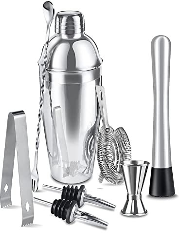 QTANZIQI Juego de coctelera, Juego de coctelera de 8 Piezas, coctelera de Acero Inoxidable de 750 ml | Kit de Barman, Juego de Herramientas de Barra con colador, vertedor, mortero, Jigger Doble,