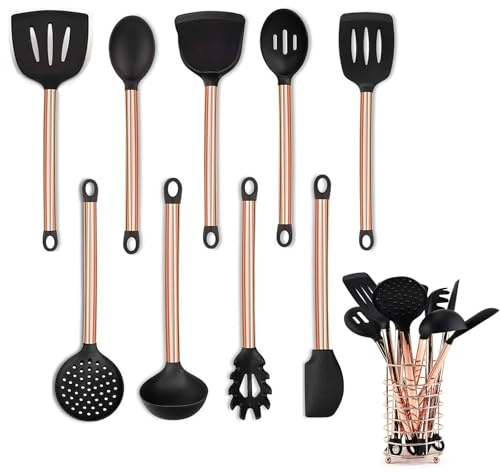 Kitchen Utensils Set 10pcs Silicone Cooking Utensils Set, Copper Plated Handle, Nonstick Heat-Resistant Cooking Tools with Holder (Rose Gold)