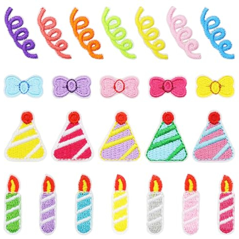 Yalulu 48 Stück Mini Kerzen Patches zum Aufbügeln Bügelbilder Aufnäher zum Aufbügeln, Bunte Fliege Hut Flicken zum Aufbügeln Aufbügelbilder