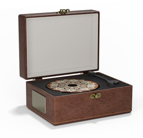 Yintiny Portable CD Player in Vintage Style with Bluetooth, Brown Leather