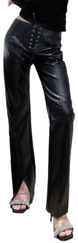 EMOTTOS Pantaloni in Pelle, Pantaloni a Vita Media con Cinghie Regolabili, Jeans Slim Fit in Pelle PU con Fondo Diviso, Elastici Leather Pants Streetwear per Feste in Discoteca, Nero, M